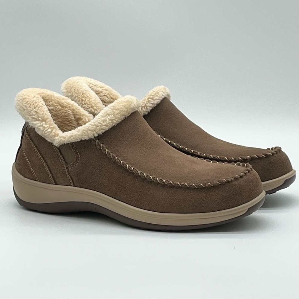 Orthofeet Lorin Womens Brown Suede Slip-On Slippers Faux Fur Lining Size 8.5